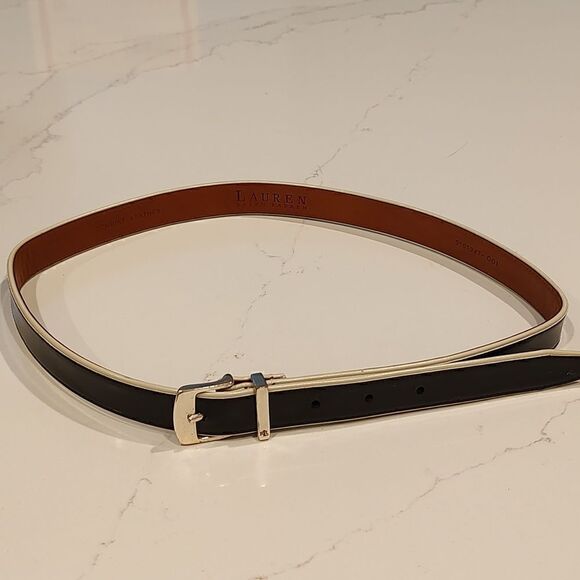 Lauren Ralph Lauren Leather Belt in Black and White Solid Brass Buckle Size L - Picture 1 of 11